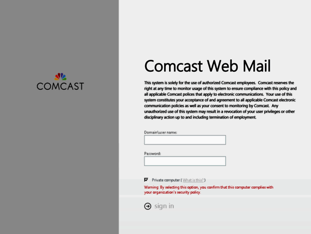 Comcast Infer.net Name Bienvenue au webmail.comcast.com page - Sign In.